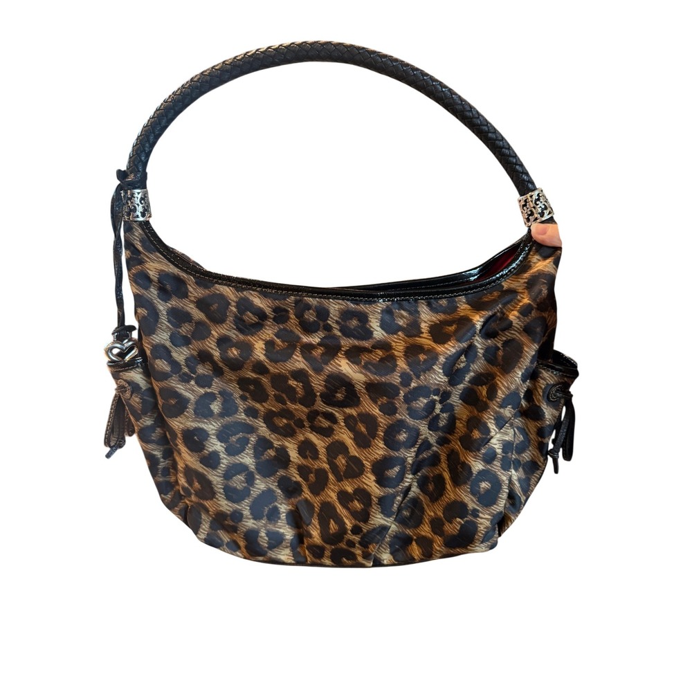VTG Brighton Leopard Print Nylon Hobo Bag Braided Leather Handle Silver Y2K - Picture 4 of 16